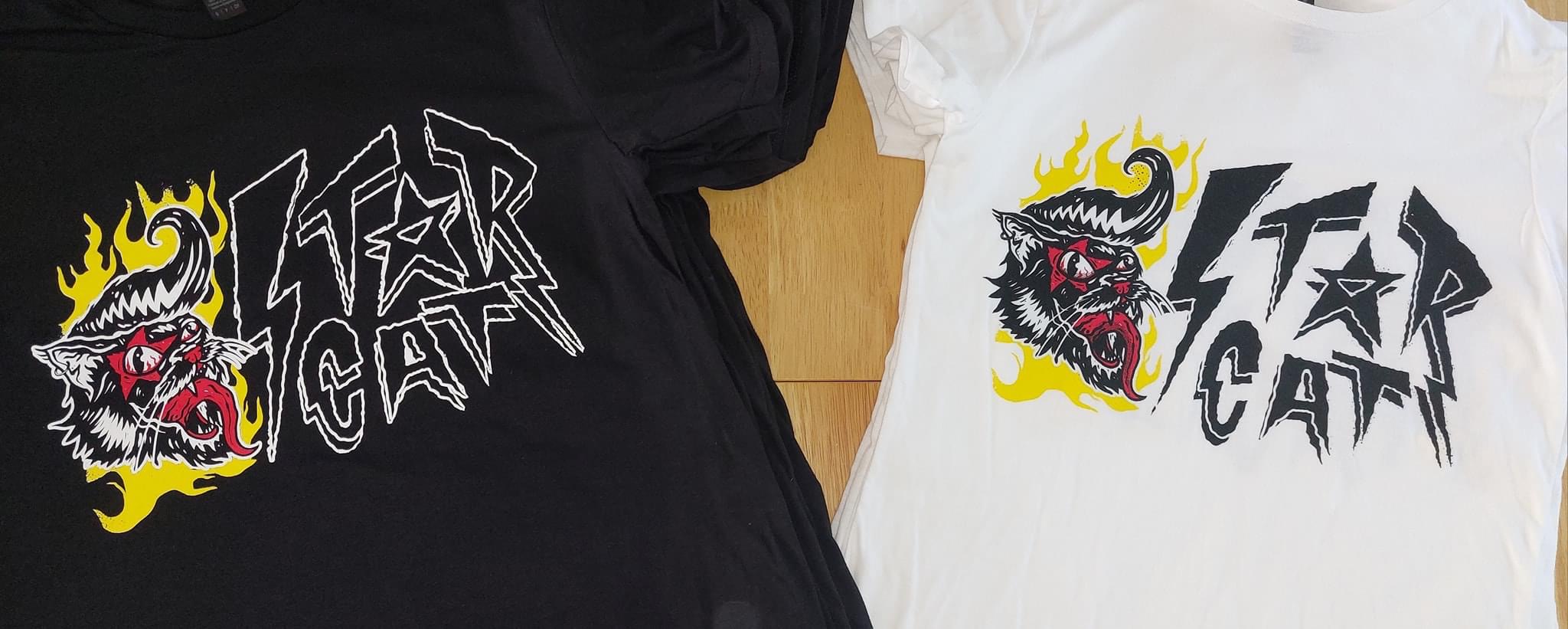 STARCAT T-Shirts available in Men's and Women's Sizes. Men's sizes are in BLACK. Women's sizes are in WHITE